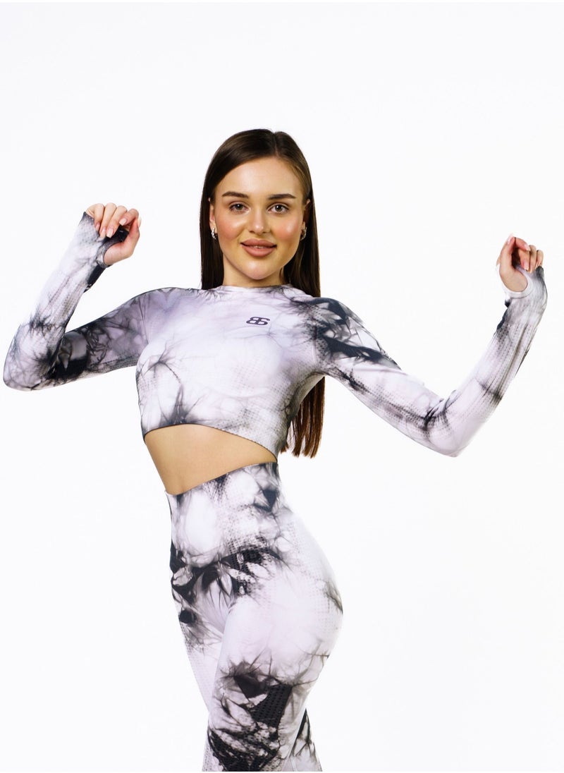 Bernessi - Nylon Tie Dye Long Sleeve Crop Top with Round Neck Women's Cropped T Shirt for Workout Yoga Running Exercise Textured White Black Print - Image 1