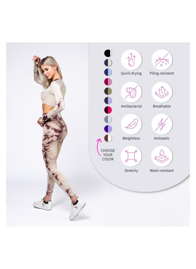 Bernessi - Nylon Tie Dye Long Sleeve Crop Top with Round Neck Women's Cropped T Shirt for Workout Yoga Running Exercise Textured White Black Print - Image 1