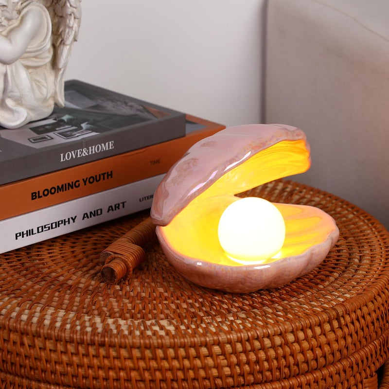 Pink Ceramic Seashell Pearl Night Light Desktop Bedside Lamp Home Decor - Image 4