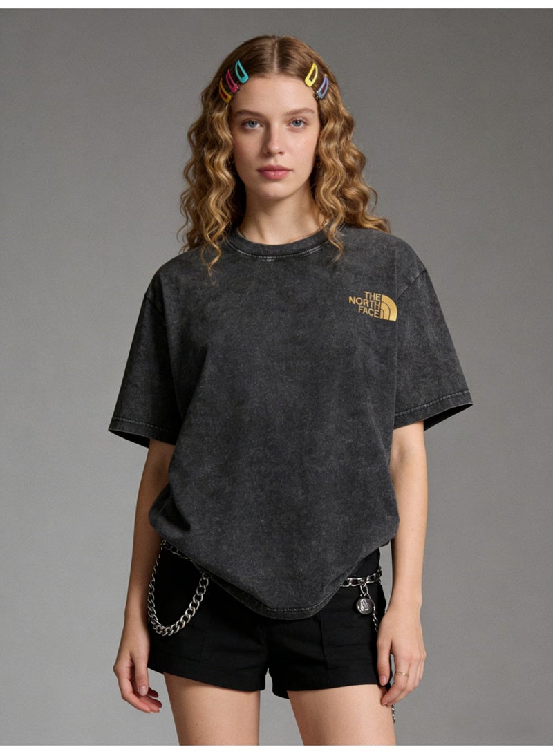 THE NORTH FACE Men's and women's T-shirts with the same style in the north face, high-grade cotton loose short sleeves with golden logo, retro street clothes for men and women. - Image 1