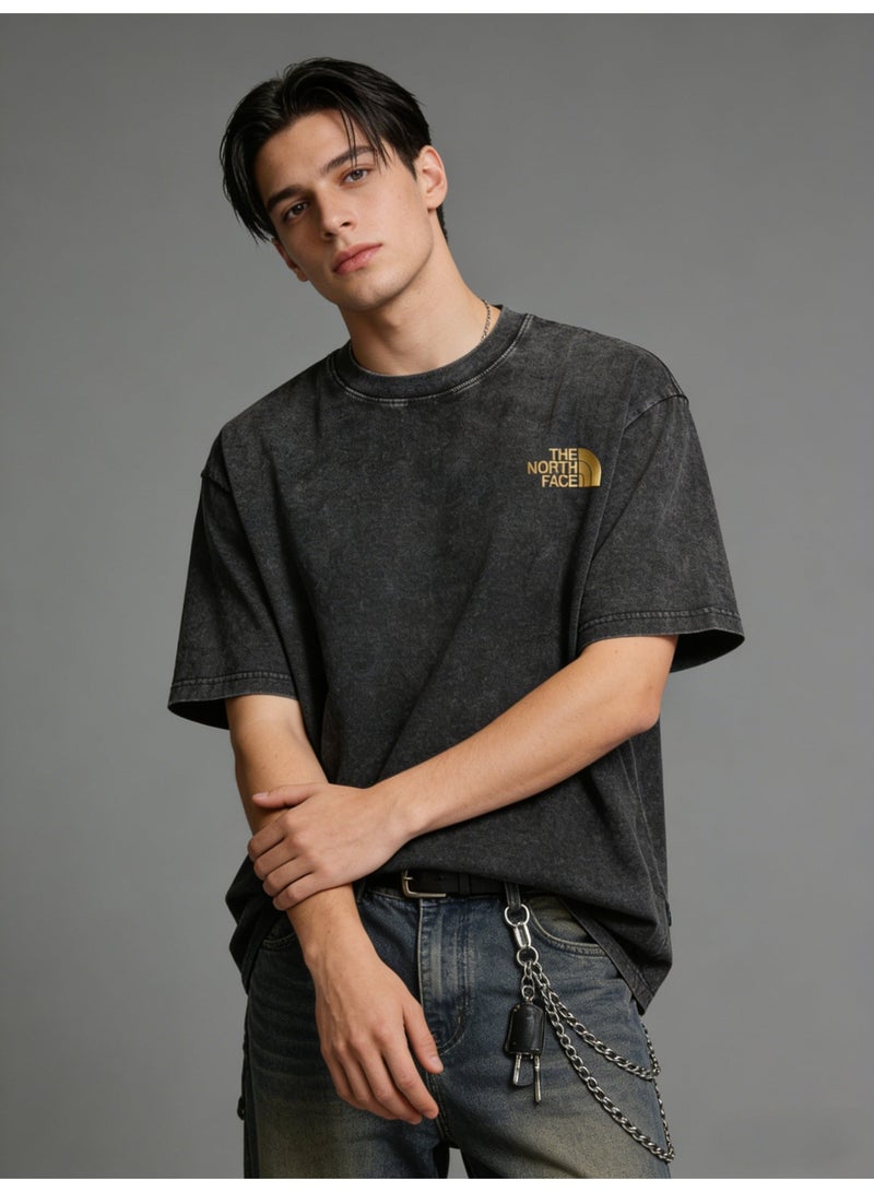 THE NORTH FACE Men's and women's T-shirts with the same style in the north face, high-grade cotton loose short sleeves with golden logo, retro street clothes for men and women. - Image 5