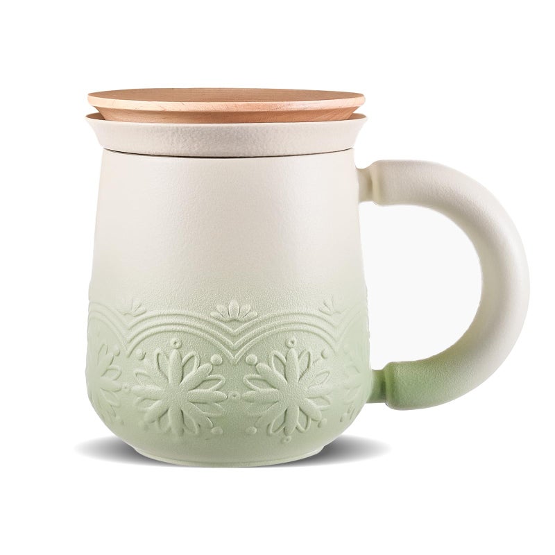 ZENS Tea Mug with Infuser and Lid, 11 oz Embossed Ceramic Loose Leaf Tea Steeper Cup, Wood Lid & Fine Strainers, Loose Tea Diffusers for Tea Lovers Gifts, Pale Green - Image 1