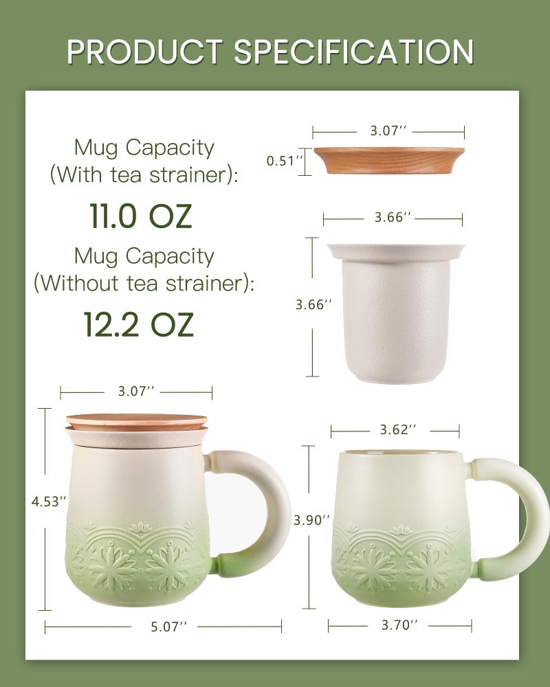 ZENS Tea Mug with Infuser and Lid, 11 oz Embossed Ceramic Loose Leaf Tea Steeper Cup, Wood Lid & Fine Strainers, Loose Tea Diffusers for Tea Lovers Gifts, Pale Green - Image 5