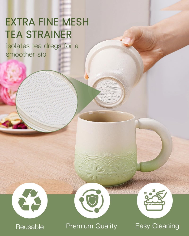 ZENS Tea Mug with Infuser and Lid, 11 oz Embossed Ceramic Loose Leaf Tea Steeper Cup, Wood Lid & Fine Strainers, Loose Tea Diffusers for Tea Lovers Gifts, Pale Green - Image 4