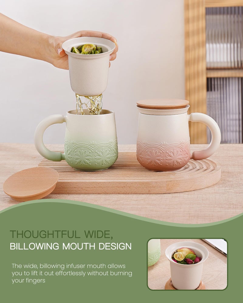 ZENS Tea Mug with Infuser and Lid, 11 oz Embossed Ceramic Loose Leaf Tea Steeper Cup, Wood Lid & Fine Strainers, Loose Tea Diffusers for Tea Lovers Gifts, Pale Green - Image 3