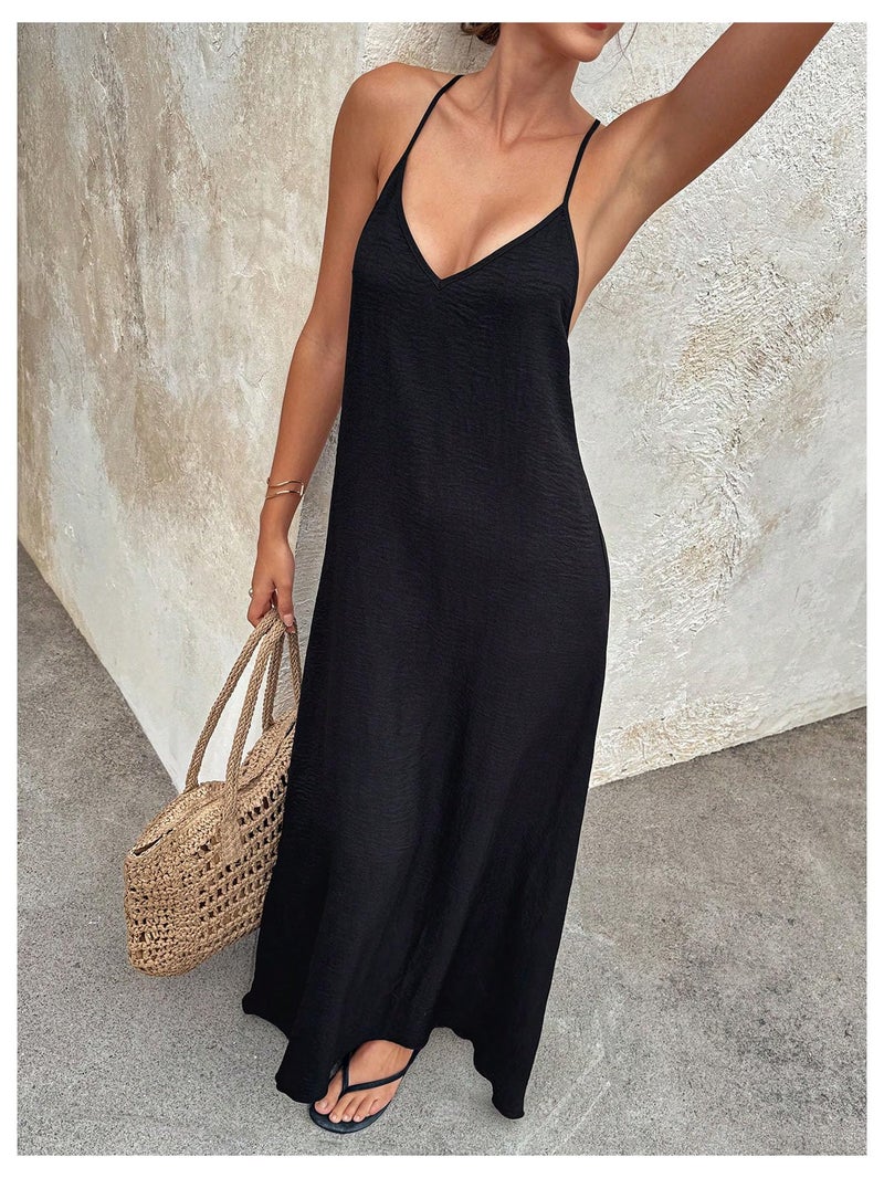 Verdusa Women's Backless Cami Dress Long Maxi Flowy Linen Dresses Summer Vacation Beach Outfits Sun Dress Black Medium - Image 4