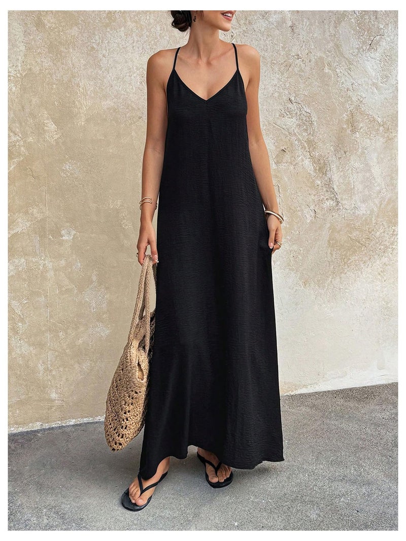 Verdusa Women's Backless Cami Dress Long Maxi Flowy Linen Dresses Summer Vacation Beach Outfits Sun Dress Black Medium - Image 5