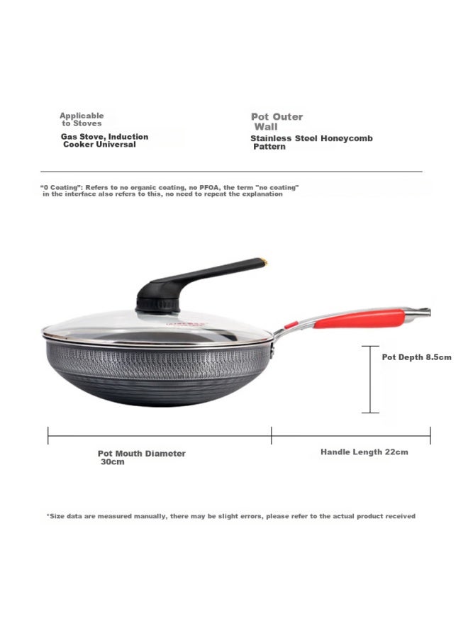 Olofe Stainless Steel Wok, Blue Diamond Titanium Frying Pan, Sixth Generation Non-coated Honeycomb Non-stick Queen Wok For Home Use, 30cm - Image 1