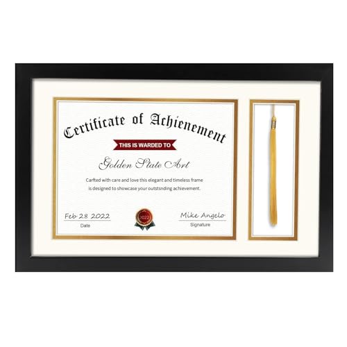 Golden State Art Golden State Art 11x175 for 85x11 DocumentCertificate  Black Diploma Tassel Shadow Box  Double Mat Ivory Over Gold  Tassel Holder  Sawtooth Hangers Swivel Tabs Real Glass 