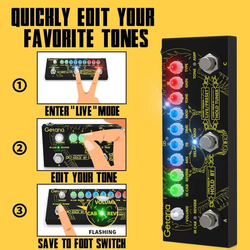 Getaria Guitar Pedal Portable Multi Effects Processor Effect Pedal with IR Loading, Edit, Save, Bluetooth, Record, Tuner, Amp/3.5mm Headphone Output, Built-in battery - Image 4