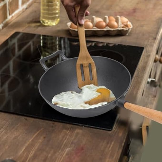 Jiawu Cast Iron Deep Frying Pan Skillet With Wood Handle For Stir Fry Gas Open Braising 118In 1Piece - Image 5