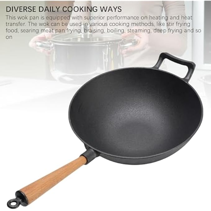 Jiawu Cast Iron Deep Frying Pan Skillet With Wood Handle For Stir Fry Gas Open Braising 118In 1Piece - Image 3