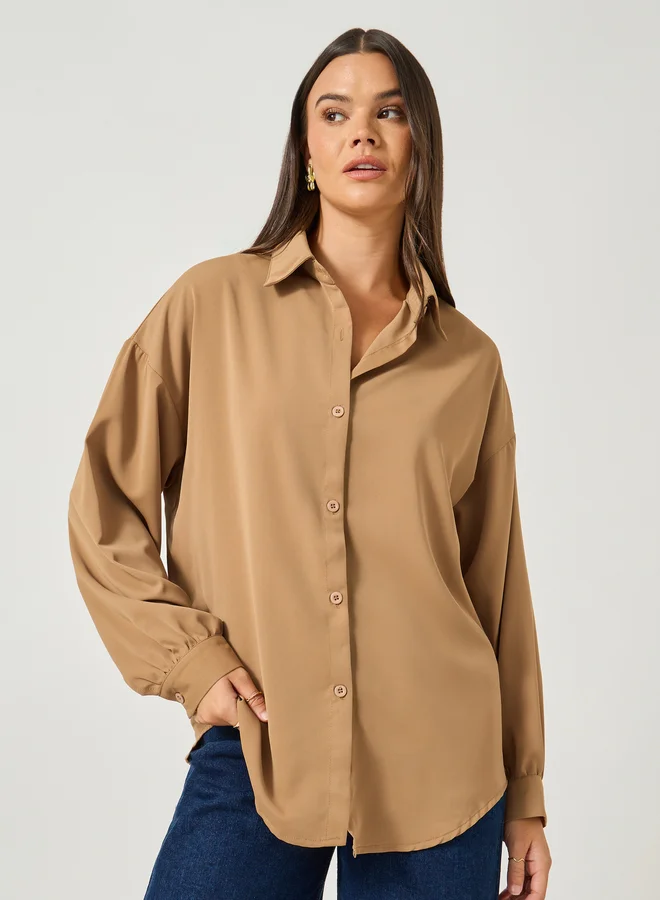 Styli Solid Balloon Sleeve Oversized Shirt