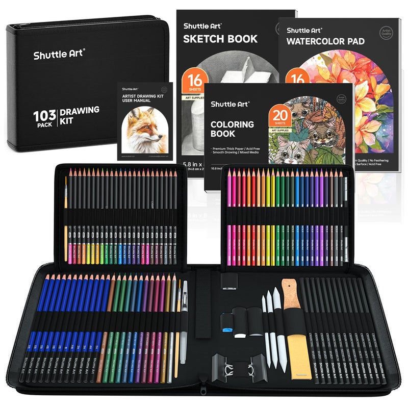 Shuttle Art 103 PCS Drawing Kit, Professional Drawing Supplies with Sketch, Charcoal, Colored, Graphite, Pastel Pencils & Sticks, Complete Drawing Tools and Paper Pads in Zipper Case for Artists&Kids - Image 1