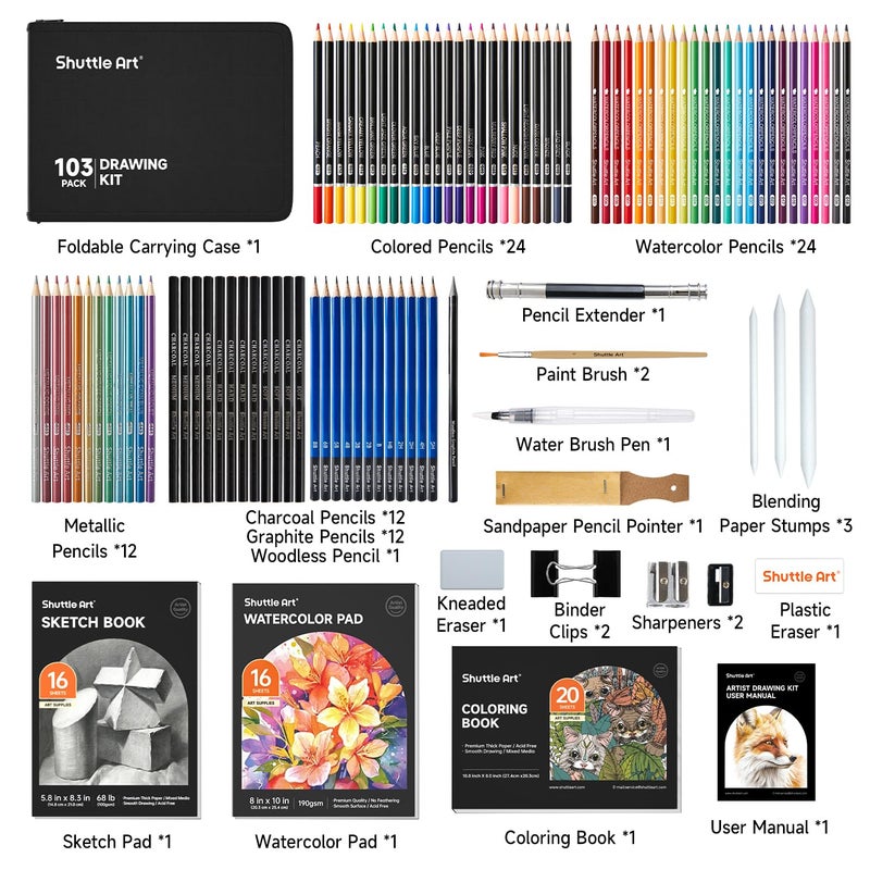 Shuttle Art 103 PCS Drawing Kit, Professional Drawing Supplies with Sketch, Charcoal, Colored, Graphite, Pastel Pencils & Sticks, Complete Drawing Tools and Paper Pads in Zipper Case for Artists&Kids - Image 2