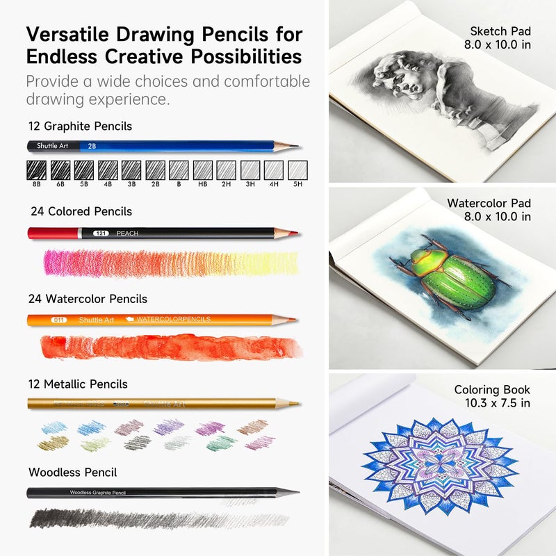 Shuttle Art 103 PCS Drawing Kit, Professional Drawing Supplies with Sketch, Charcoal, Colored, Graphite, Pastel Pencils & Sticks, Complete Drawing Tools and Paper Pads in Zipper Case for Artists&Kids - Image 3