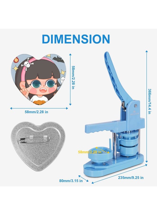 MECOLOUR Heart-Shaped Button Maker Machine,Heart Pin Button Maker Kit with 50 Sets of Button Supplies&50 Sets of Fridge Magnet Maker Supplies,58mm,DIY Personalized Pinback Buttons Children Gift(Blue) - Image 5