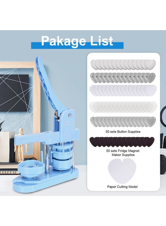 MECOLOUR Heart-Shaped Button Maker Machine,Heart Pin Button Maker Kit with 50 Sets of Button Supplies&50 Sets of Fridge Magnet Maker Supplies,58mm,DIY Personalized Pinback Buttons Children Gift(Blue) - Image 2