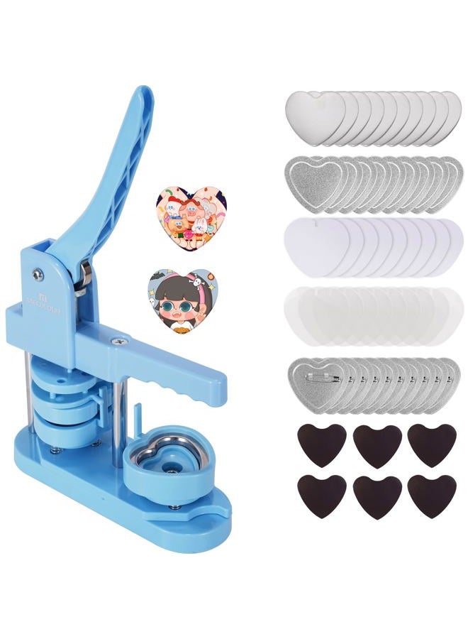 MECOLOUR Heart-Shaped Button Maker Machine,Heart Pin Button Maker Kit with 50 Sets of Button Supplies&50 Sets of Fridge Magnet Maker Supplies,58mm,DIY Personalized Pinback Buttons Children Gift(Blue) - Image 1