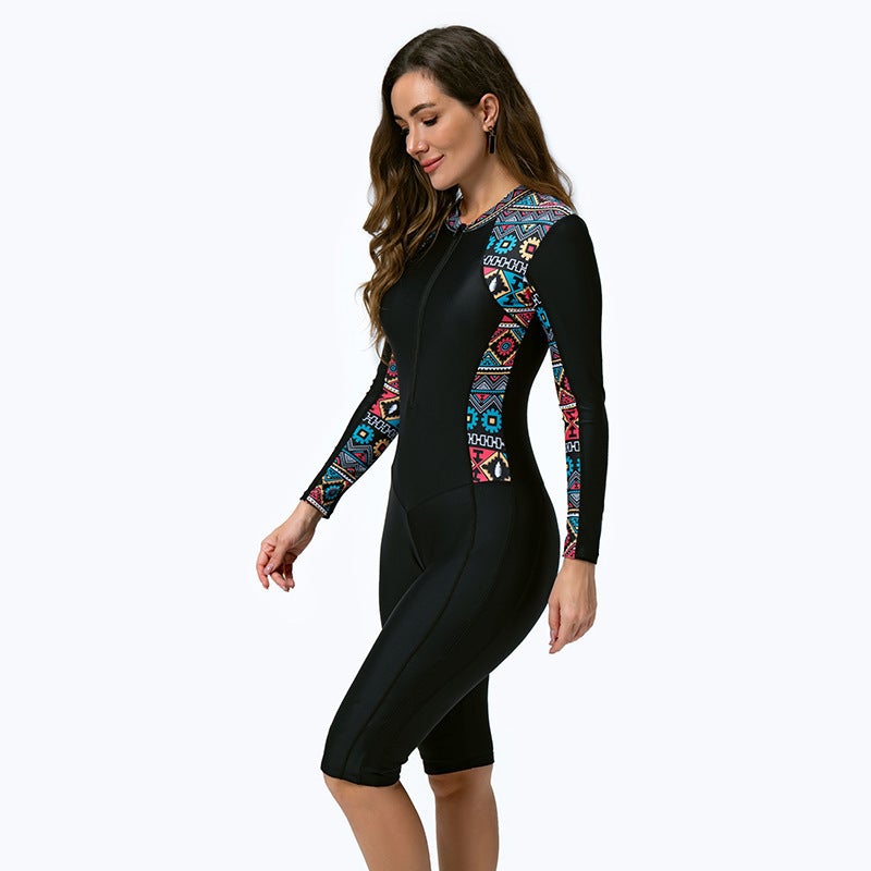 Sports Swimsuit One-Piece Long Sleeve Anti-Sports High Elastic Fabric Zipper Printed Tight Swimsuit - Image 3