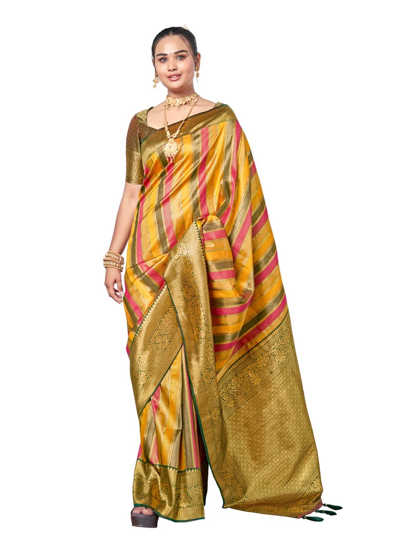 MANOHARI Womens Silk Rangkat Pattern Banarasi Mehendi Green & Yellow Saree With Unstitch Blouse Piece - Image 1