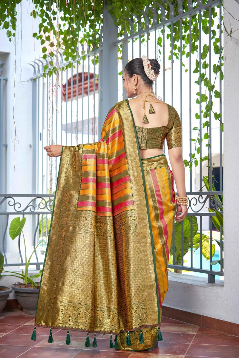 MANOHARI Womens Silk Rangkat Pattern Banarasi Mehendi Green & Yellow Saree With Unstitch Blouse Piece - Image 4