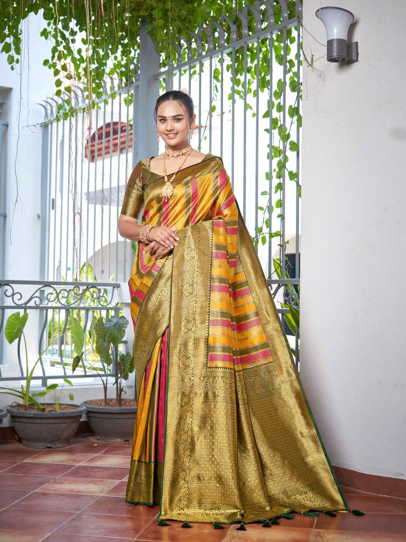 MANOHARI Womens Silk Rangkat Pattern Banarasi Mehendi Green & Yellow Saree With Unstitch Blouse Piece - Image 2