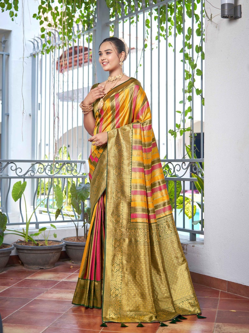 MANOHARI Womens Silk Rangkat Pattern Banarasi Mehendi Green & Yellow Saree With Unstitch Blouse Piece - Image 3