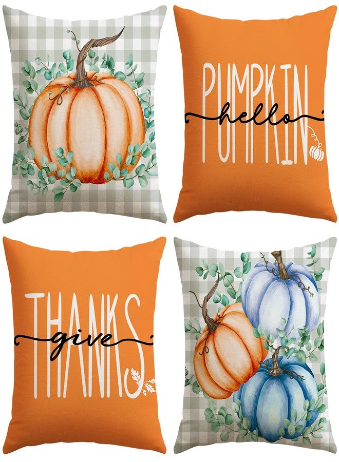 Artscope Fall Decorative Throw Pillow Covers 18x18 Inch Set of 4, Hello Pumpkin Give Thanks Buffalo Plaid Outdoor Farmhouse Pillow Cases for Home Sofa Couch-Orange - Image 1