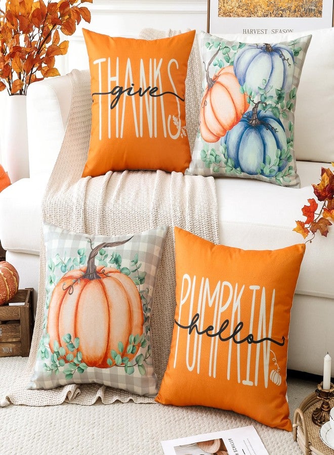 Artscope Fall Decorative Throw Pillow Covers 18x18 Inch Set of 4, Hello Pumpkin Give Thanks Buffalo Plaid Outdoor Farmhouse Pillow Cases for Home Sofa Couch-Orange - Image 2