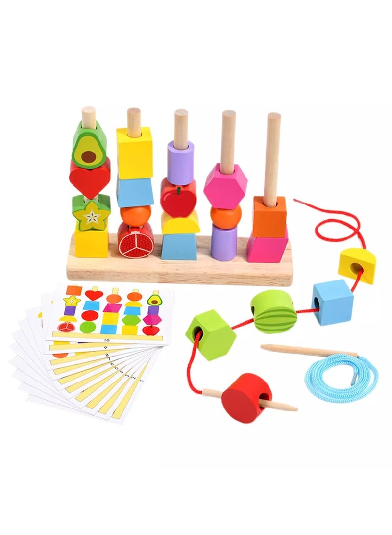 VIO Montessori Toys Educational Puzzles Wooden Sorting Stacking Blocks Pattern Sequencing 2 3 4 5 Year Olds Motor Skills Development Cognitive for Preschool Shape Size Color Colour Recognition Intelligent â€‹Block Column Tower Classic Stacker â€‹Builder Lacing Strings Birthday Gifts Boys Girls Toddlers Preschoolers Kids Nursery School Party Favors - Image 1