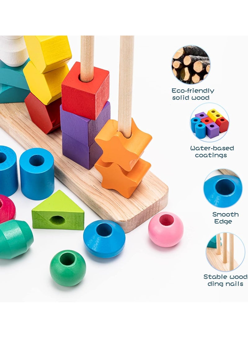 VIO Montessori Toys Educational Puzzles Wooden Sorting Stacking Blocks Pattern Sequencing 2 3 4 5 Year Olds Motor Skills Development Cognitive for Preschool Shape Size Color Colour Recognition Intelligent â€‹Block Column Tower Classic Stacker â€‹Builder Lacing Strings Birthday Gifts Boys Girls Toddlers Preschoolers Kids Nursery School Party Favors - Image 4