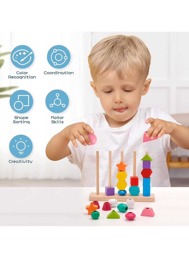 VIO Montessori Toys Educational Puzzles Wooden Sorting Stacking Blocks Pattern Sequencing 2 3 4 5 Year Olds Motor Skills Development Cognitive for Preschool Shape Size Color Colour Recognition Intelligent â€‹Block Column Tower Classic Stacker â€‹Builder Lacing Strings Birthday Gifts Boys Girls Toddlers Preschoolers Kids Nursery School Party Favors - Image 3