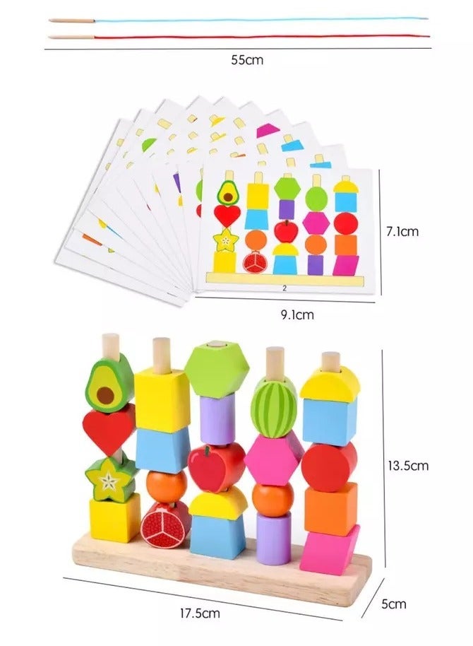 VIO Montessori Toys Educational Puzzles Wooden Sorting Stacking Blocks Pattern Sequencing 2 3 4 5 Year Olds Motor Skills Development Cognitive for Preschool Shape Size Color Colour Recognition Intelligent â€‹Block Column Tower Classic Stacker â€‹Builder Lacing Strings Birthday Gifts Boys Girls Toddlers Preschoolers Kids Nursery School Party Favors - Image 2
