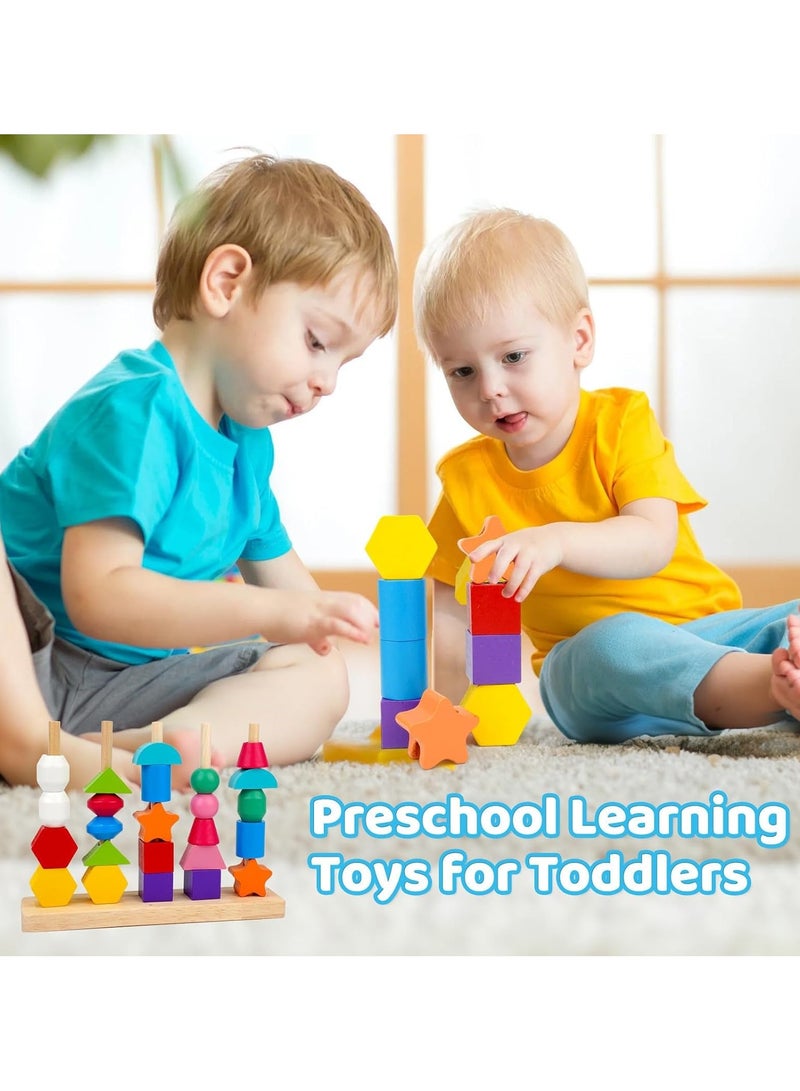 VIO Montessori Toys Educational Puzzles Wooden Sorting Stacking Blocks Pattern Sequencing 2 3 4 5 Year Olds Motor Skills Development Cognitive for Preschool Shape Size Color Colour Recognition Intelligent â€‹Block Column Tower Classic Stacker â€‹Builder Lacing Strings Birthday Gifts Boys Girls Toddlers Preschoolers Kids Nursery School Party Favors - Image 5