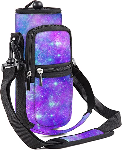 AORTDES 25/32/40/64oz Water Bottle Bag Holder Carrier-Insulated Crossbody Sling Case Sleeve with Strap & Pockets for Men Women Gym Cycling Travel Walking Hiking Camping (Purple Galaxy, 25oz) - Image 1