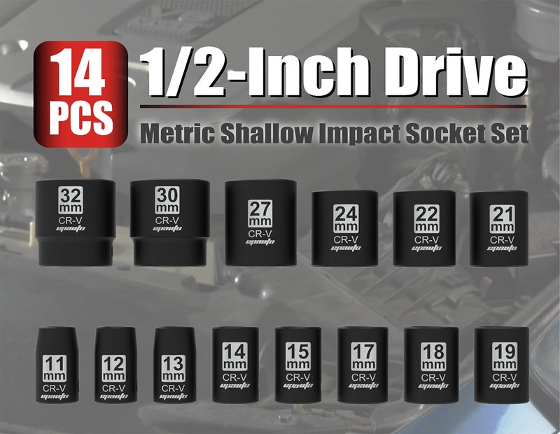 EPAuto 1/2-Inch Drive Metric Shallow Impact Socket Set, Cr-V, 6-Point, 14 Sockets - Image 2