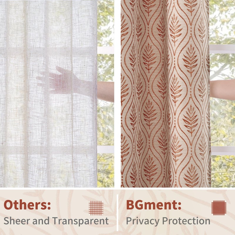 BGment Terracotta Linen Curtains for Living Room, French Country Leaf Jacquard Botanical Pattern Cottage Core Boho Vintage Grommet Light Filtering Semi Sheer Linen Curtains, 2 Panels, 52 x 84 Inch - Image 5