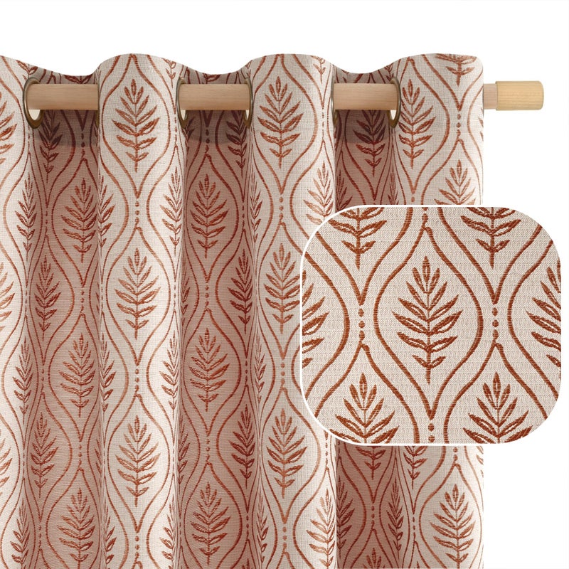 BGment Terracotta Linen Curtains for Living Room, French Country Leaf Jacquard Botanical Pattern Cottage Core Boho Vintage Grommet Light Filtering Semi Sheer Linen Curtains, 2 Panels, 52 x 84 Inch - Image 1