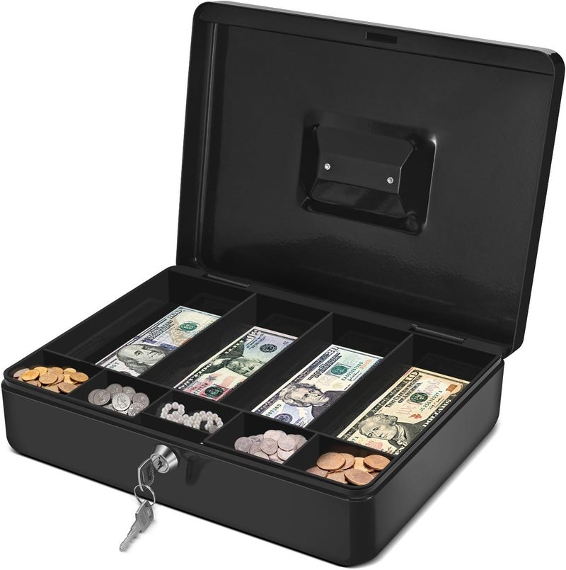 Flexzion Cash Box with Money Tray and Lock - Metal Cash Box for Small Businesses, 9-Compartment Black Money Box with Removable Tray and Key, Portable Storage for Checks and Coins - Image 1