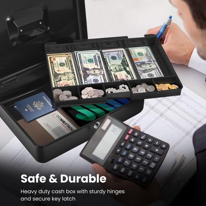 Flexzion Cash Box with Money Tray and Lock - Metal Cash Box for Small Businesses, 9-Compartment Black Money Box with Removable Tray and Key, Portable Storage for Checks and Coins - Image 5