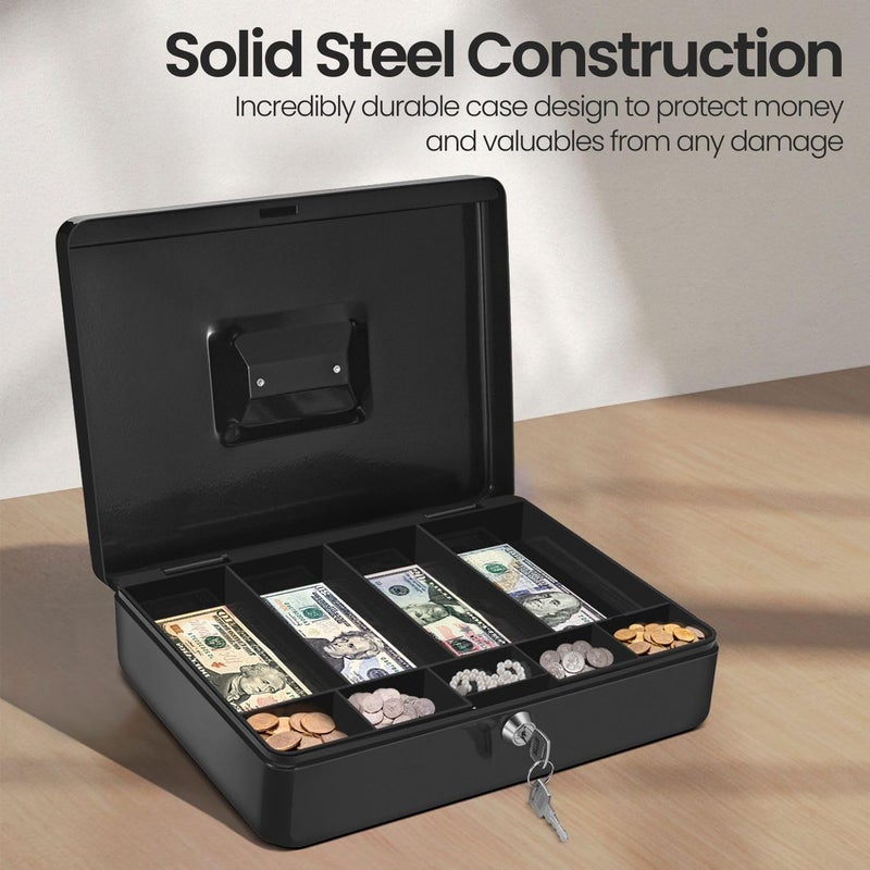 Flexzion Cash Box with Money Tray and Lock - Metal Cash Box for Small Businesses, 9-Compartment Black Money Box with Removable Tray and Key, Portable Storage for Checks and Coins - Image 4