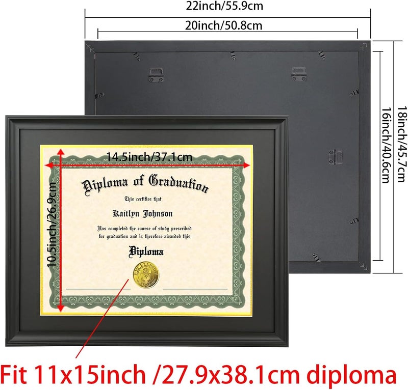 LTYHHK 11x15 Diploma Frame Solid Wood Black, Displays 11x15 Diplomas with Black Over Gold Mat or 16x20 Inch Without Mat, Degree Frame 11x15 Diploma Frame11x15 Certificate Frames (L23B1620BG1115) - Image 2
