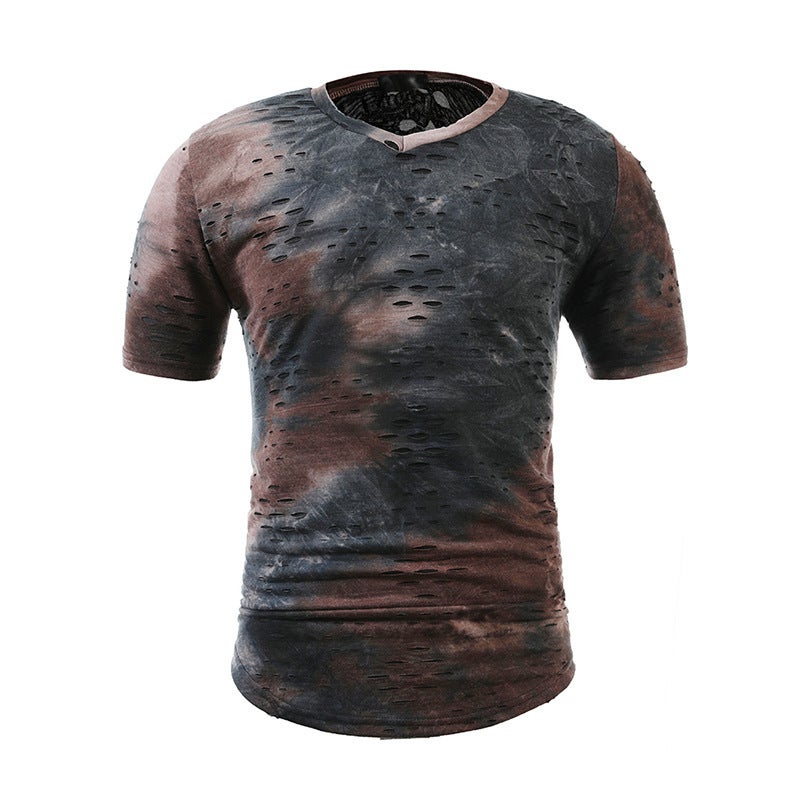 size summer new casual fashion open mouth smile personality hole halo dyeing color matching plus size V-neck short sleeve T-shirt T04 - Image 1