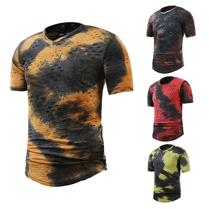 size summer new casual fashion open mouth smile personality hole halo dyeing color matching plus size V-neck short sleeve T-shirt T04 - Image 5