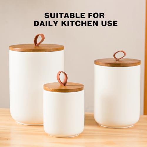 Kendiis Ceramic Canister Set for Kitchen, 3pcs White Ceramic Kitchen Canisters for Countertop with Airtight Wood Lids, Large Flour and Sugar Containers for Coffee, Tea, Spice - Image 2
