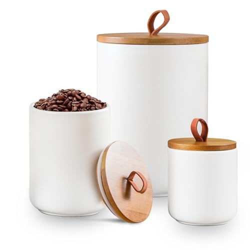 Kendiis Ceramic Canister Set for Kitchen, 3pcs White Ceramic Kitchen Canisters for Countertop with Airtight Wood Lids, Large Flour and Sugar Containers for Coffee, Tea, Spice - Image 1