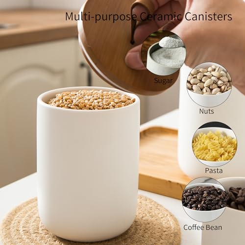 Kendiis Ceramic Canister Set for Kitchen, 3pcs White Ceramic Kitchen Canisters for Countertop with Airtight Wood Lids, Large Flour and Sugar Containers for Coffee, Tea, Spice - Image 5