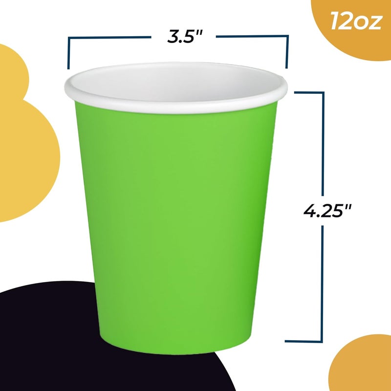 Party Solids أكواب ورقية صلبة للحفلات باللون الأخضر الليموني 12 أونصة، أكواب متينة قابلة للاستخدام لمرة واحدة، 100 كوب ورقي للمشروبات الساخنة والباردة، كوب سميك 280 جرام ��لمشروبات الساخنة للشاي والقهئة، ألوان ممتعة للحفلات والفعاليات - Image 3