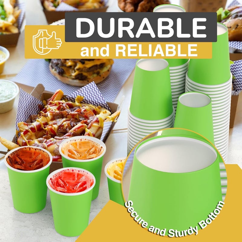 Party Solids أكواب ورقية صلبة للحفلات باللون الأخضر الليموني 12 أونصة، أكواب متينة قابلة للاستخدام لمرة واحدة، 100 كوب ورقي للمشروبات الساخنة والباردة، كوب سميك 280 جرام ��لمشروبات الساخنة للشاي والقهئة، ألوان ممتعة للحفلات والفعاليات - Image 4